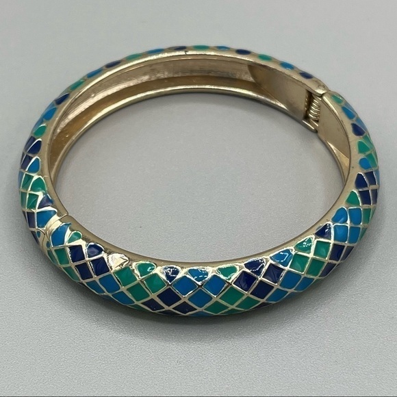 4 for $20 SALE! Sequin Enameled Goldtone Harlequin Hinged Bangle, Blues/Greens - Picture 3 of 6